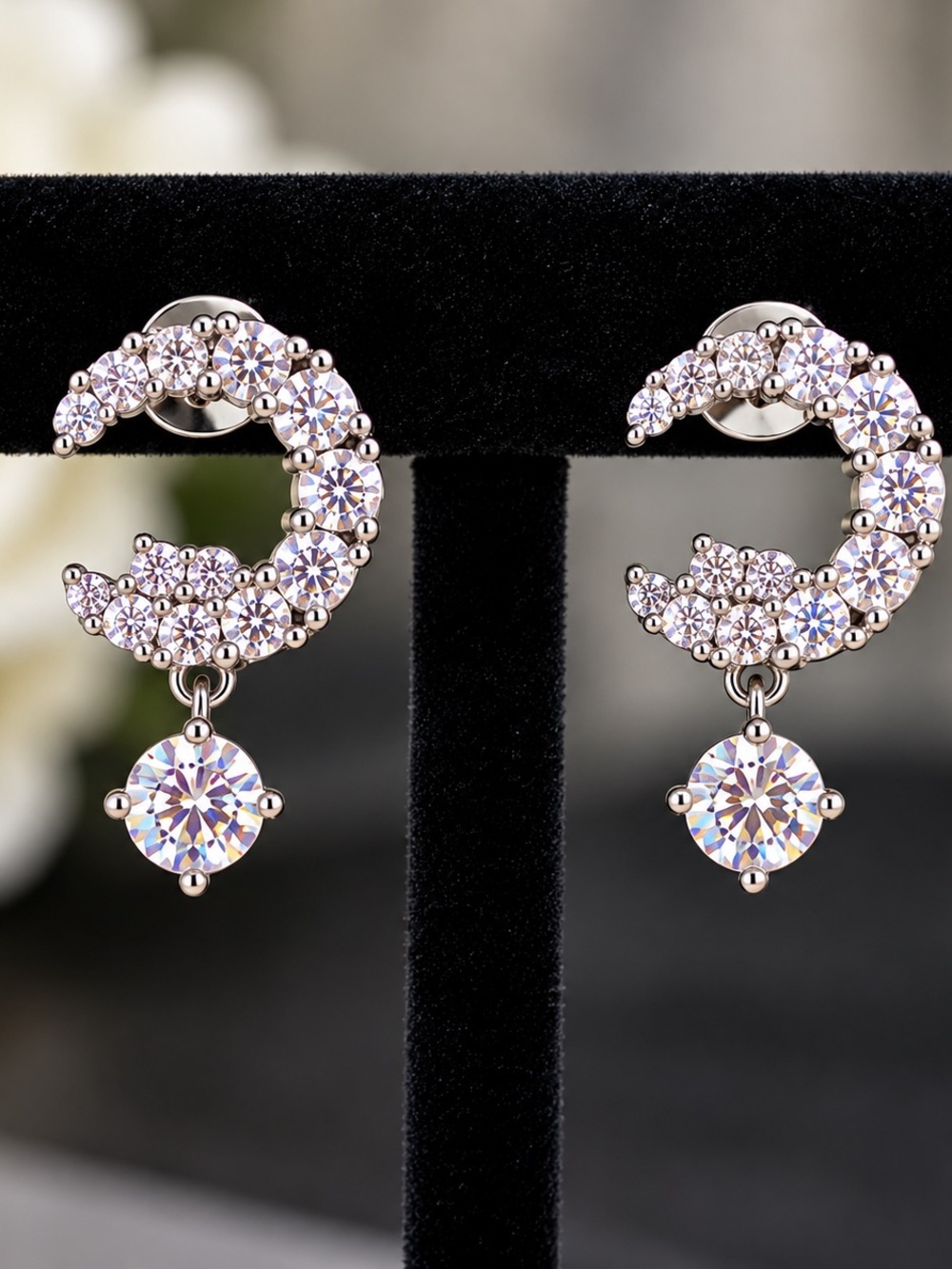 Moissanite Sterling Silver Crescent Moon Drop Earrings Sparkling Statement